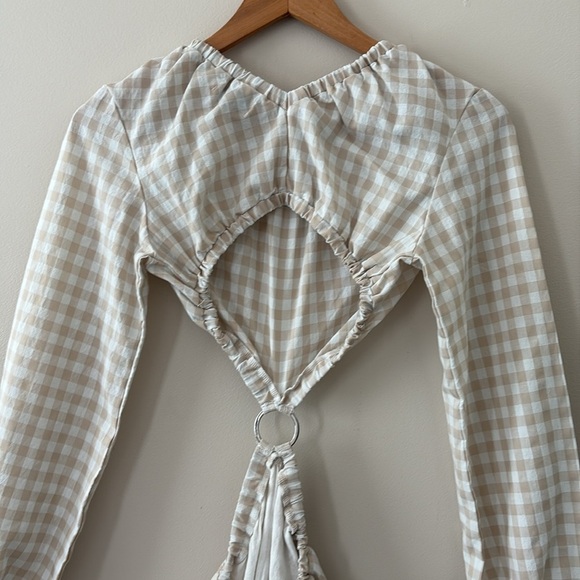 Petal & Pup Beige Cut Out Gingham Dress 100% Cotton Mini Puff Sleeves Size 4 - Picture 9 of 13